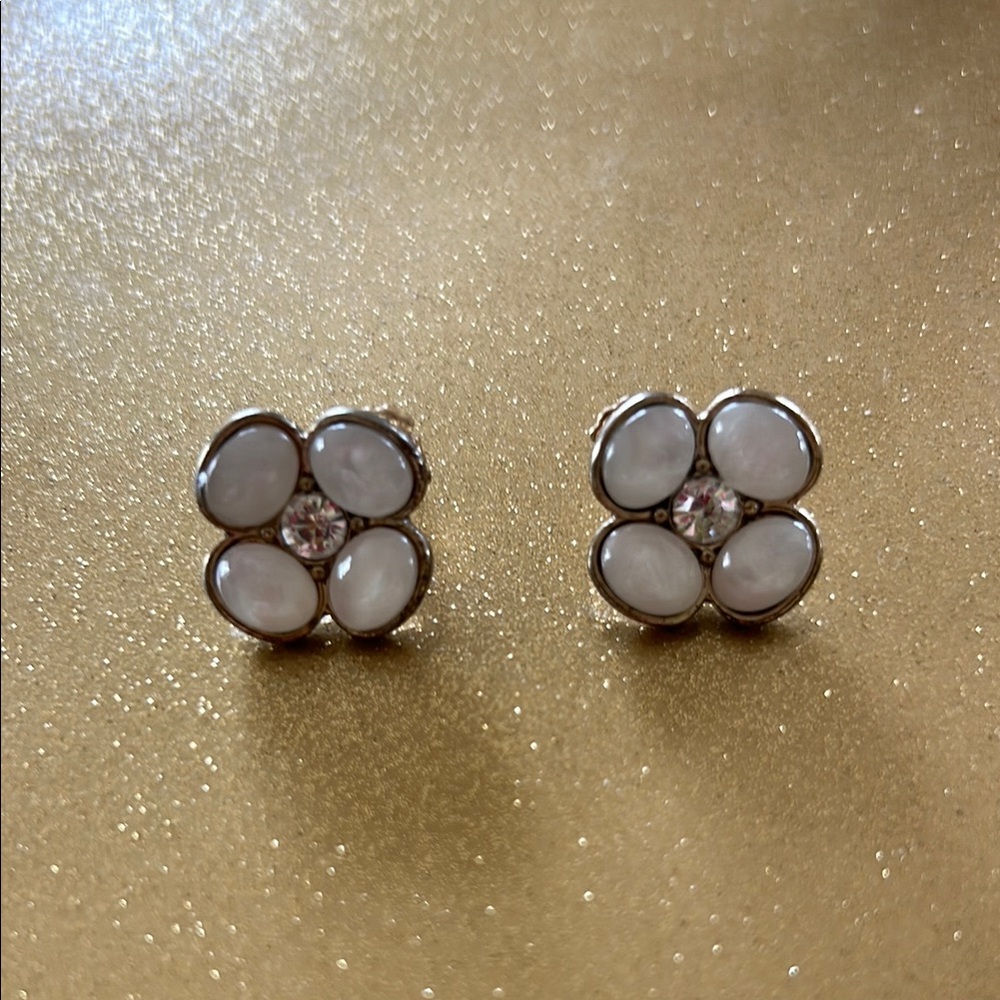 Elegant White Floral Earrings with Cubic Zirconia Center; Beautiful!